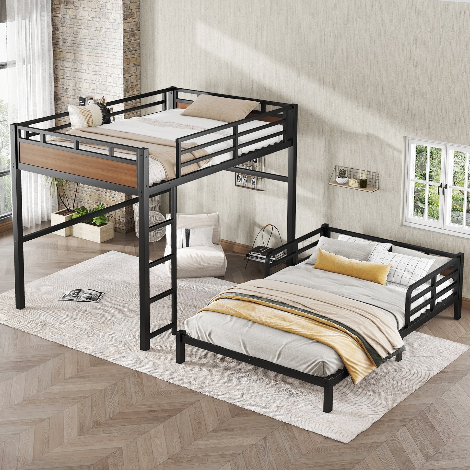 Full over Full Metal Bunk Bed/Metal Loft Bed,Separable Bunk Beds,with raised security fence,Walnut Color