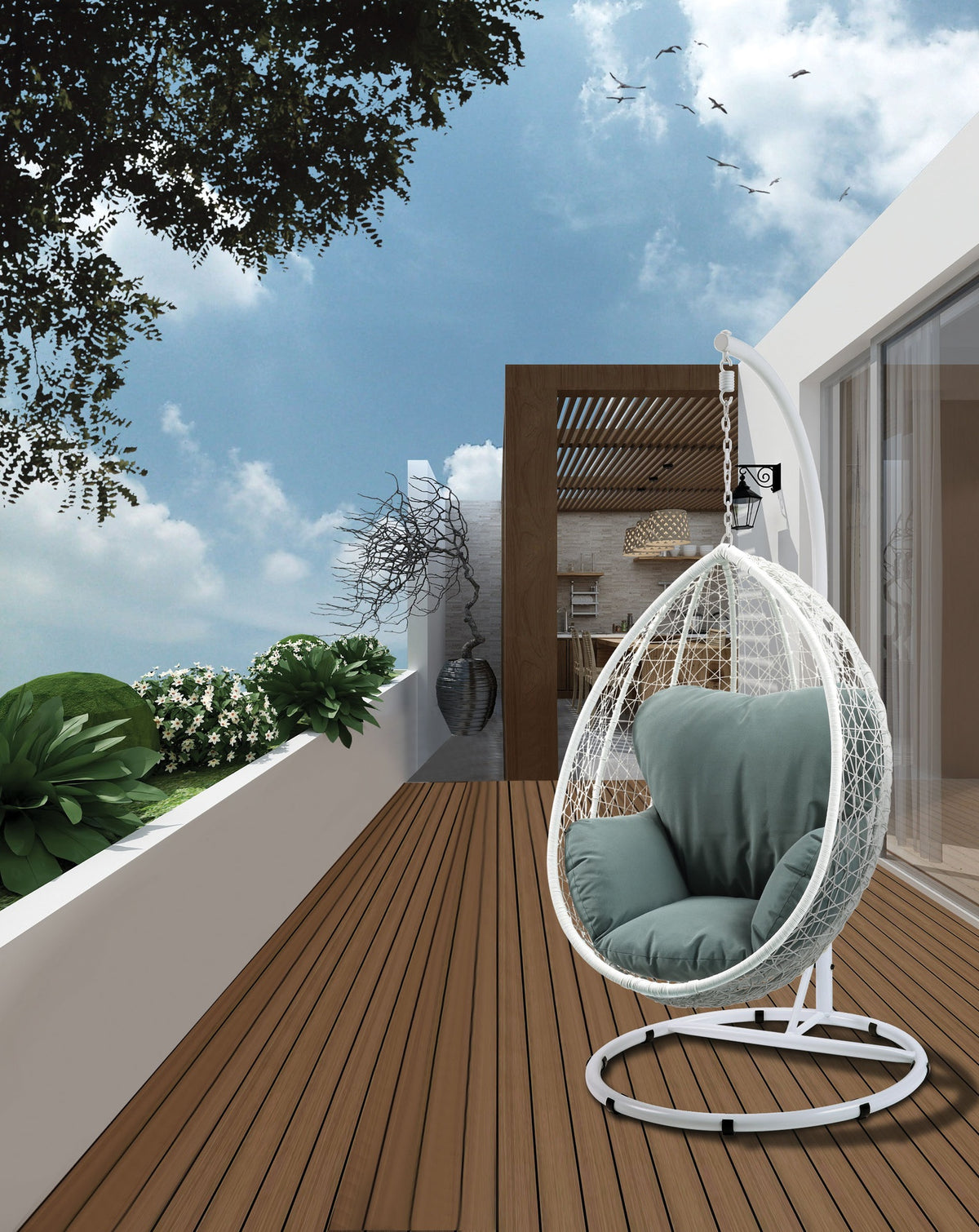 Simona Green Fabric & White Wicker Hanging Chair