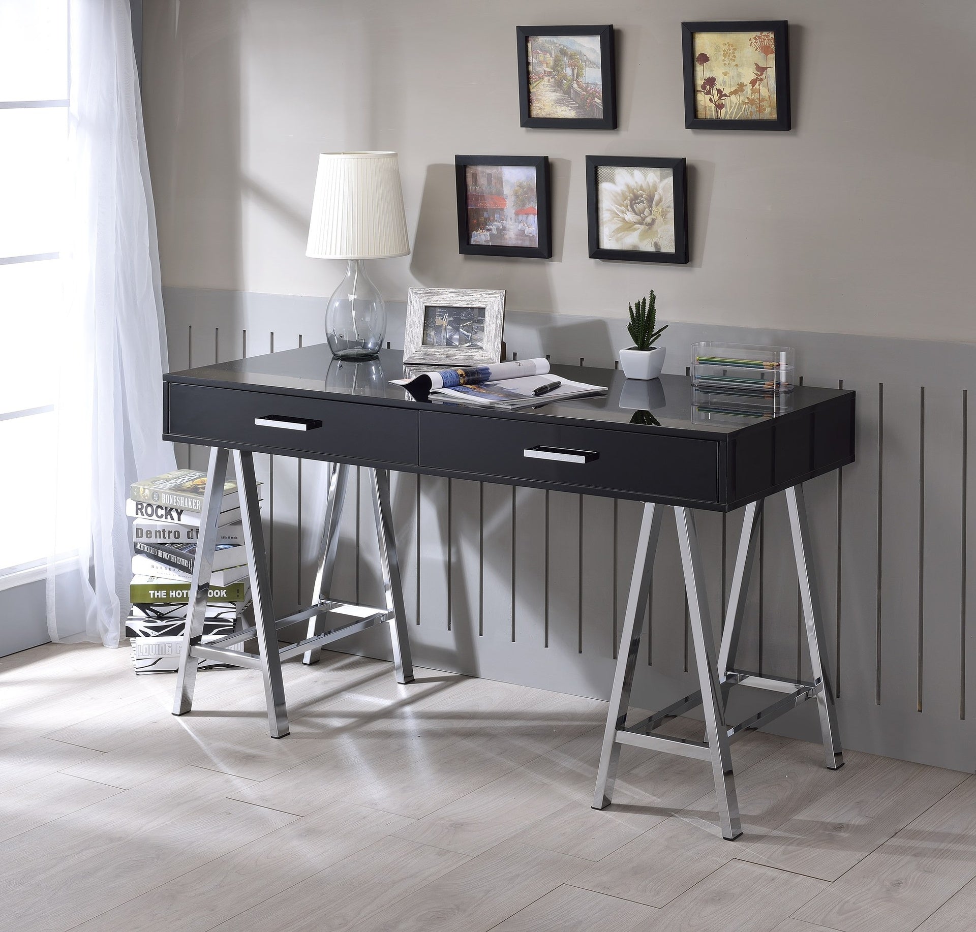 Coleen Black High Gloss & Chrome Finish Writing Desk W/USB