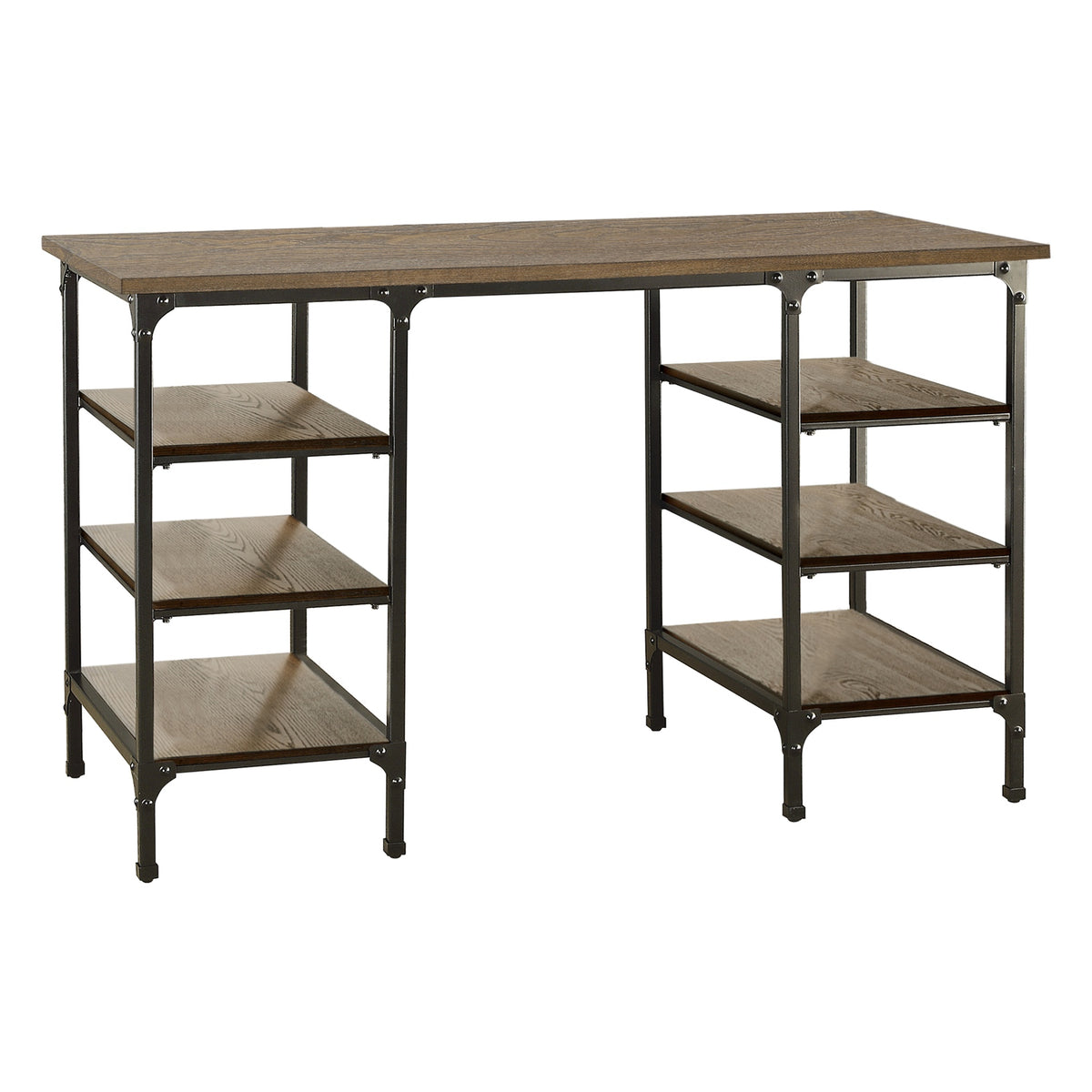 Modern Traditional Aesthetic 1pc Counter Height Writing Desk with 6x Shelves Natural Finish and Rustic Black Metal Finish