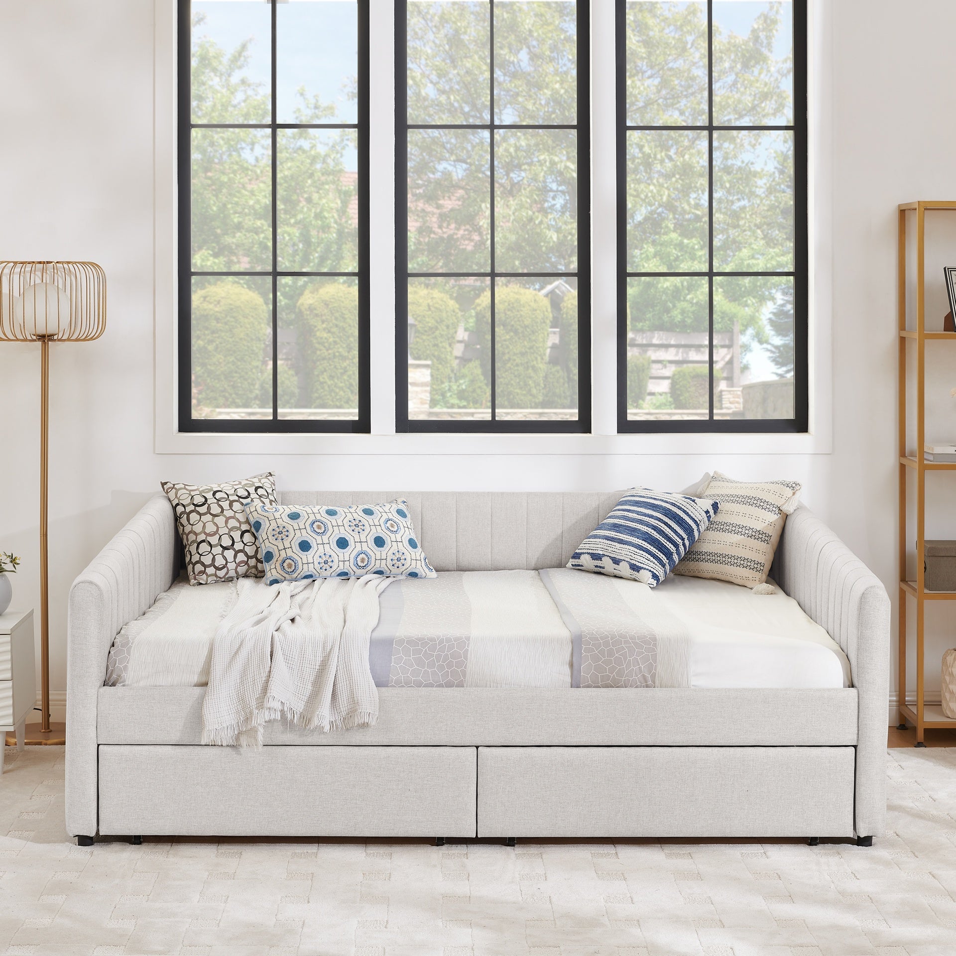 Queen Size Daybed with Two Drawers Trundle Upholstered Sofa Bed, with Vertical Stripes, Linen Fabric, Beige (86.5"x65"x30")