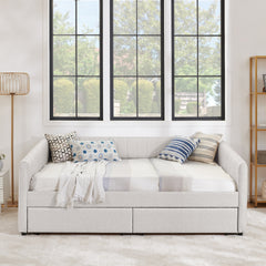 Queen Size Daybed with Two Drawers Trundle Upholstered Sofa Bed, with Vertical Stripes, Linen Fabric, Beige (86.5"x65"x30")