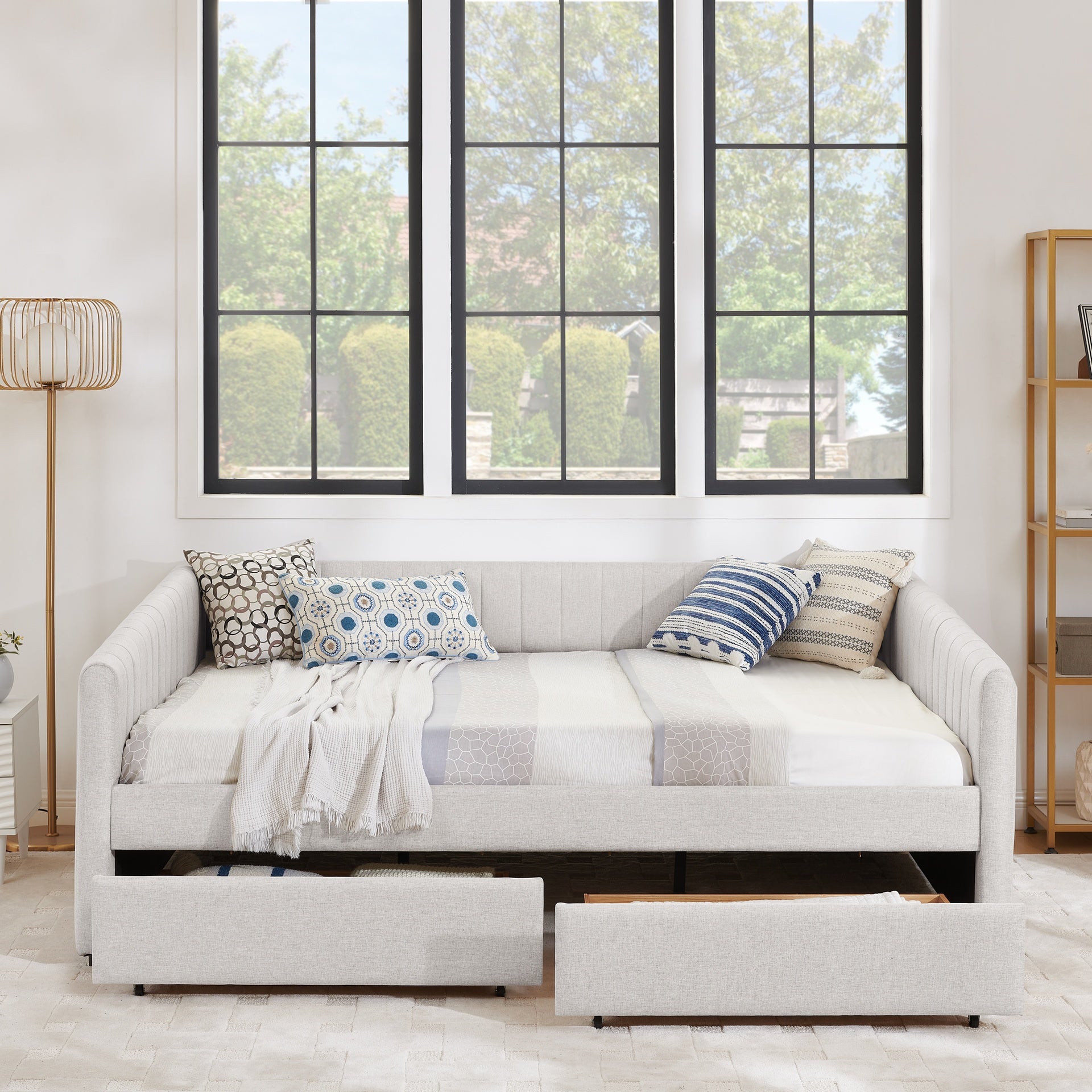 Queen Size Daybed with Two Drawers Trundle Upholstered Sofa Bed, with Vertical Stripes, Linen Fabric, Beige (86.5"x65"x30")