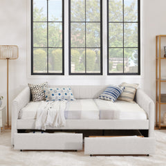 Queen Size Daybed with Two Drawers Trundle Upholstered Sofa Bed, with Vertical Stripes, Linen Fabric, Beige (86.5"x65"x30")
