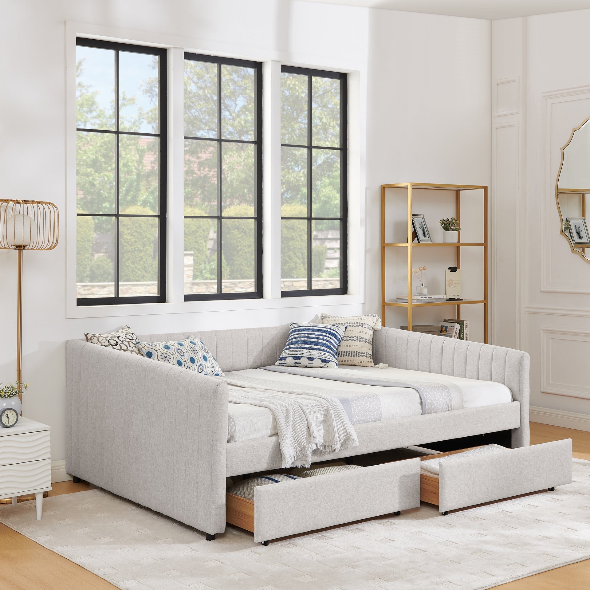 Queen Size Daybed with Two Drawers Trundle Upholstered Sofa Bed, with Vertical Stripes, Linen Fabric, Beige (86.5"x65"x30")