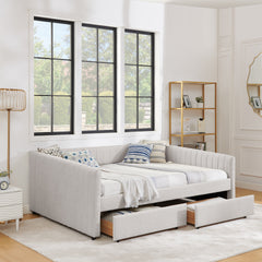 Queen Size Daybed with Two Drawers Trundle Upholstered Sofa Bed, with Vertical Stripes, Linen Fabric, Beige (86.5"x65"x30")