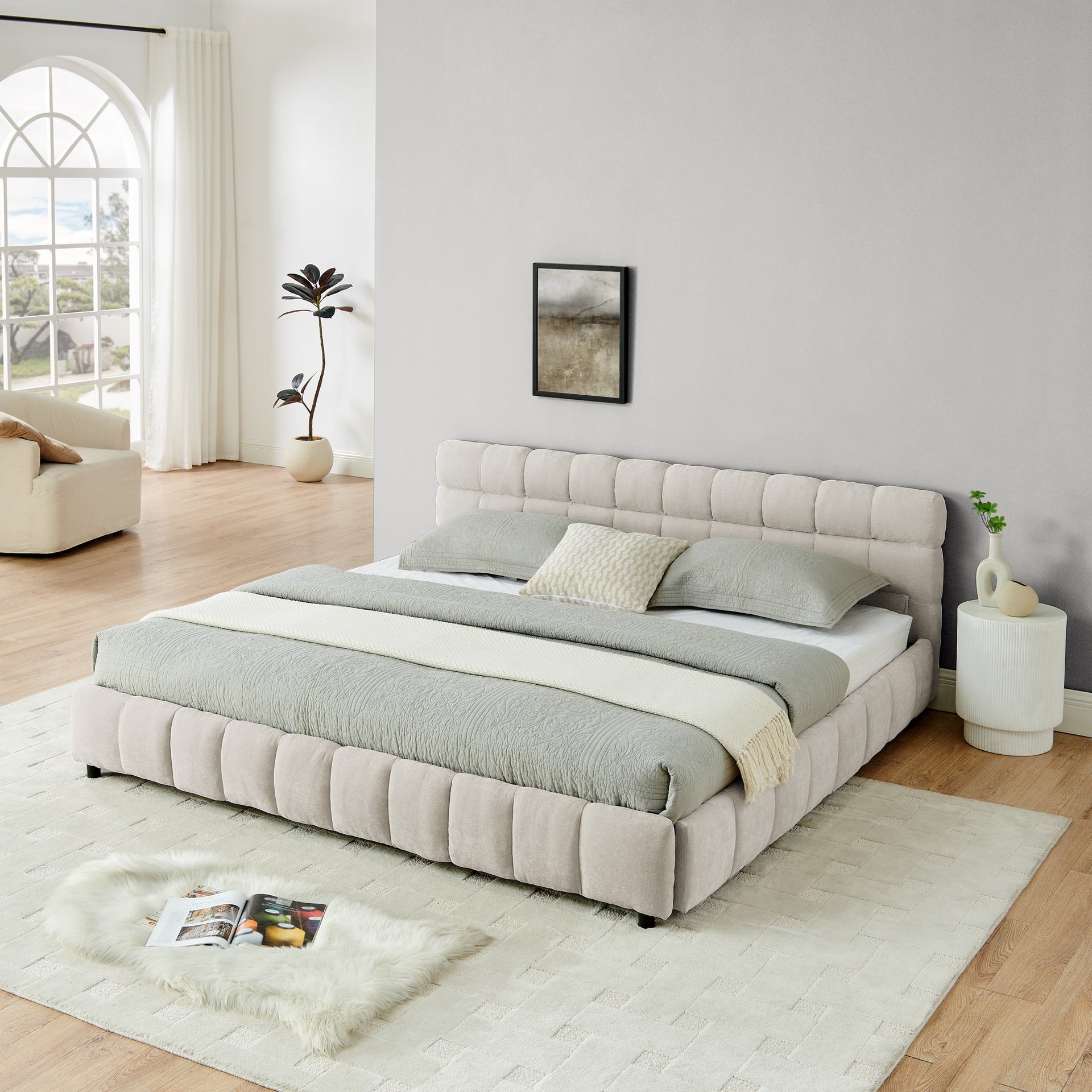 King Size Upholstered Bed ,comfortable upholstered bed frame, Chenille fabric, with headboard and solid bed frame. With drawer for storage.-Beige(88.5''*85.5''*31'')