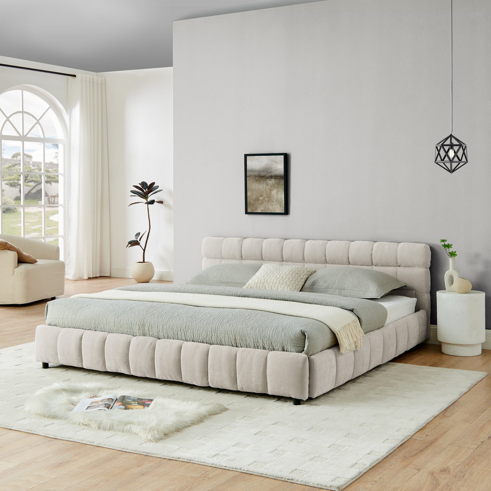 King Size Upholstered Bed ,comfortable upholstered bed frame, Chenille fabric, with headboard and solid bed frame. With drawer for storage.-Beige(88.5''*85.5''*31'')