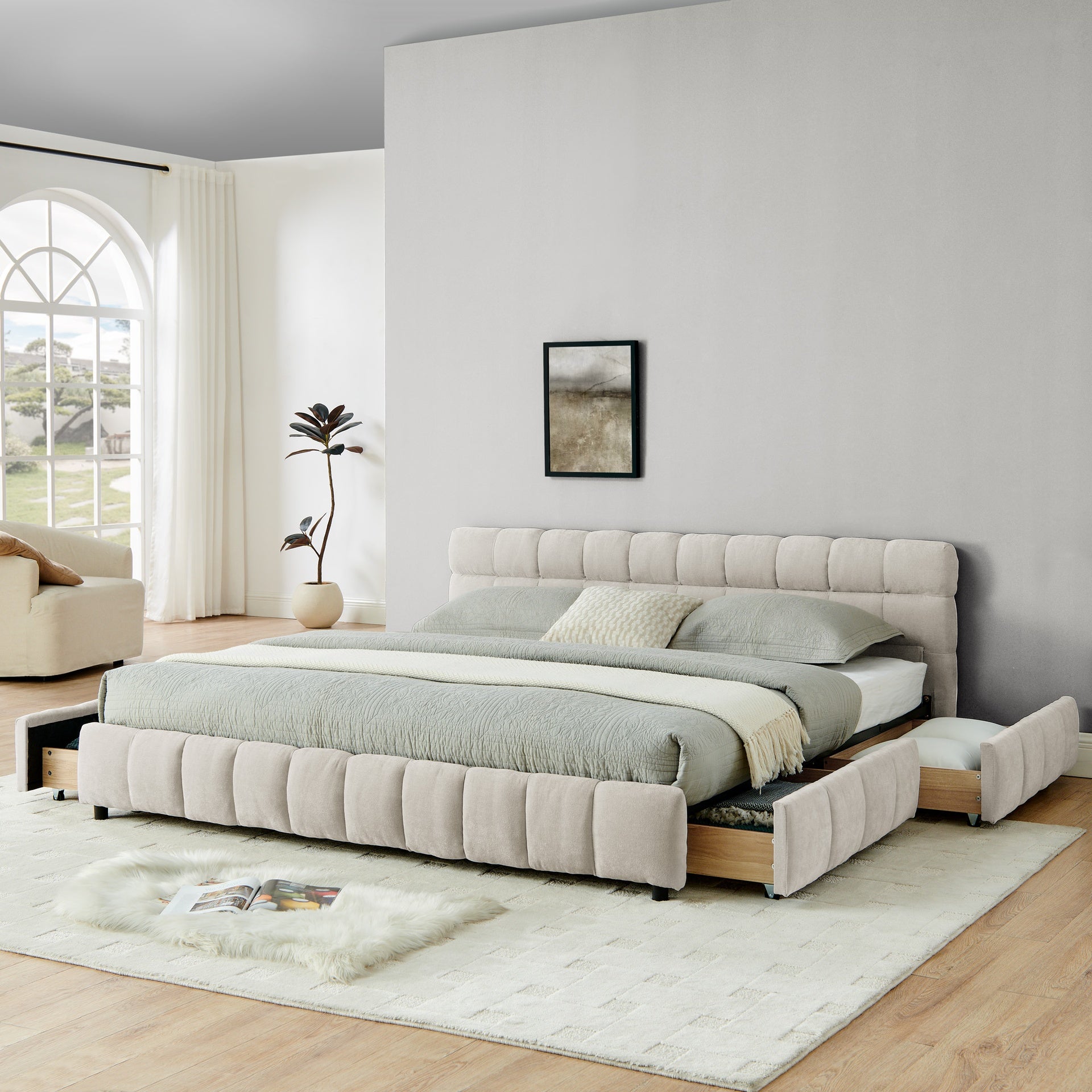 King Size Upholstered Bed ,comfortable upholstered bed frame, Chenille fabric, with headboard and solid bed frame. With drawer for storage.-Beige(88.5''*85.5''*31'')