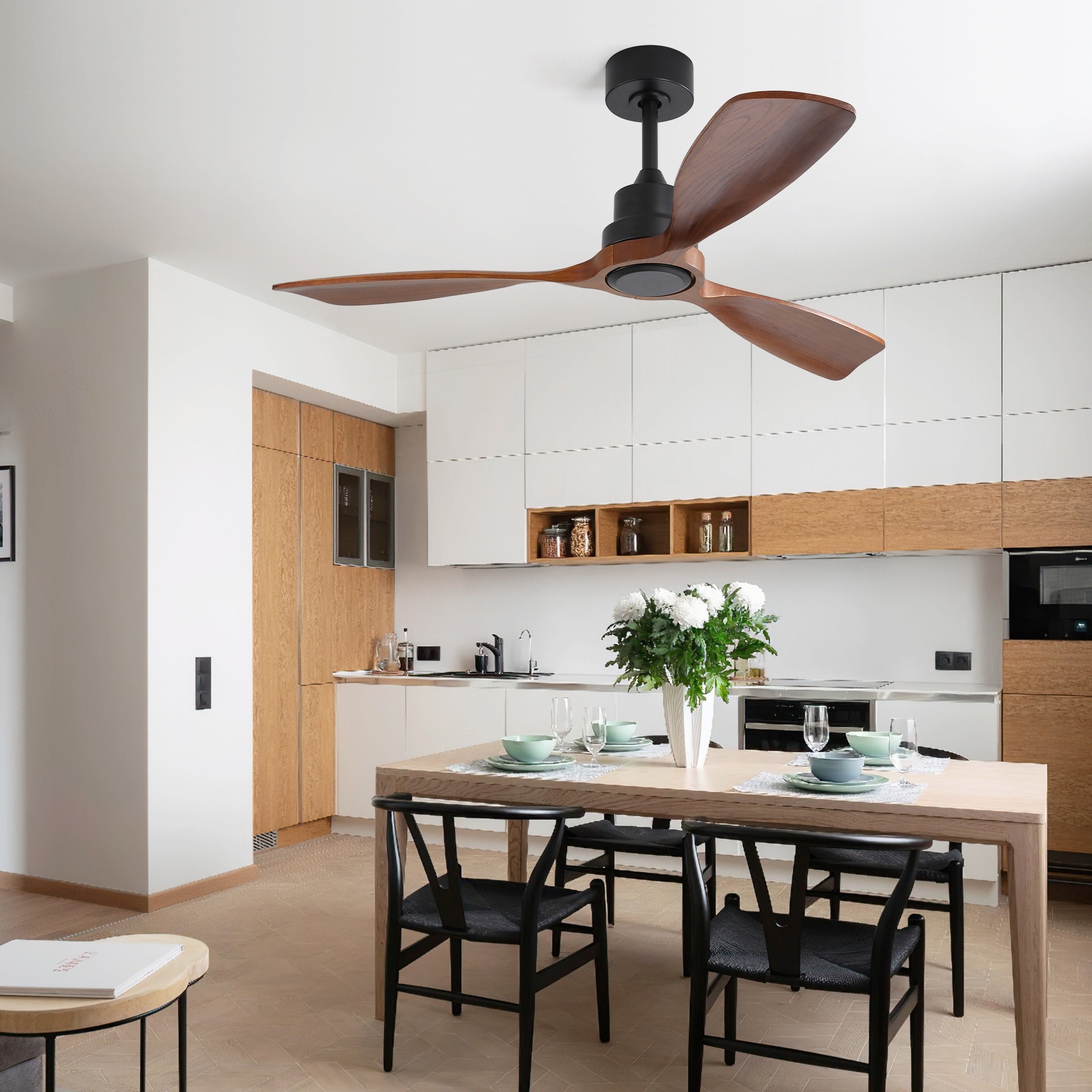 48 Inch Ceiling Fan Without Light, 3 Solid Wood Blades Indoor&Outdoor Ceiling Fan 6-speed Reversible DC Motor for Living Room