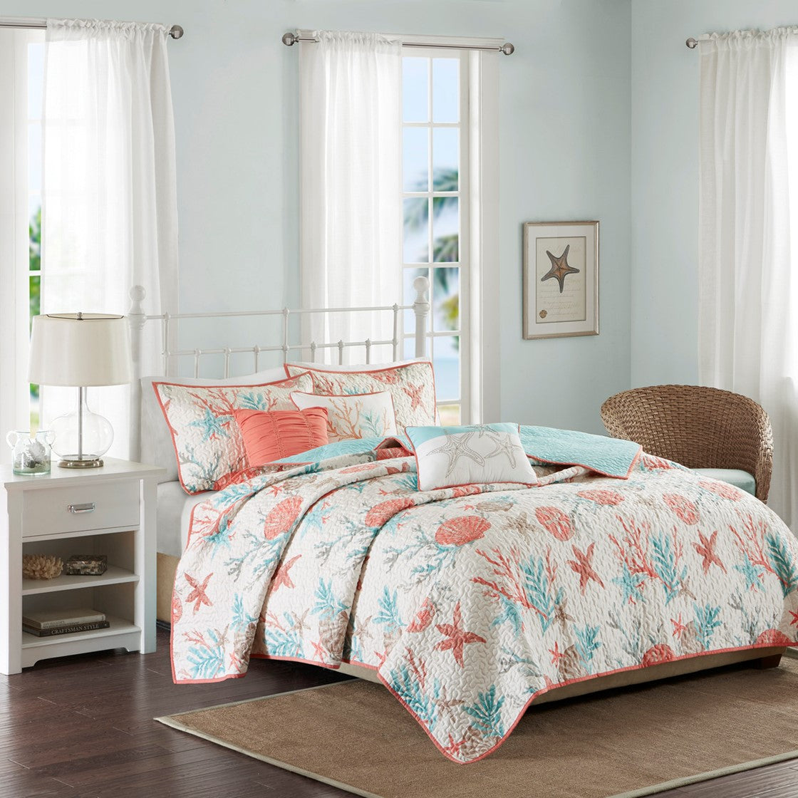 6 Piece Cotton Sateen Quilt Set with Throw Pillows Coral King/Cal King