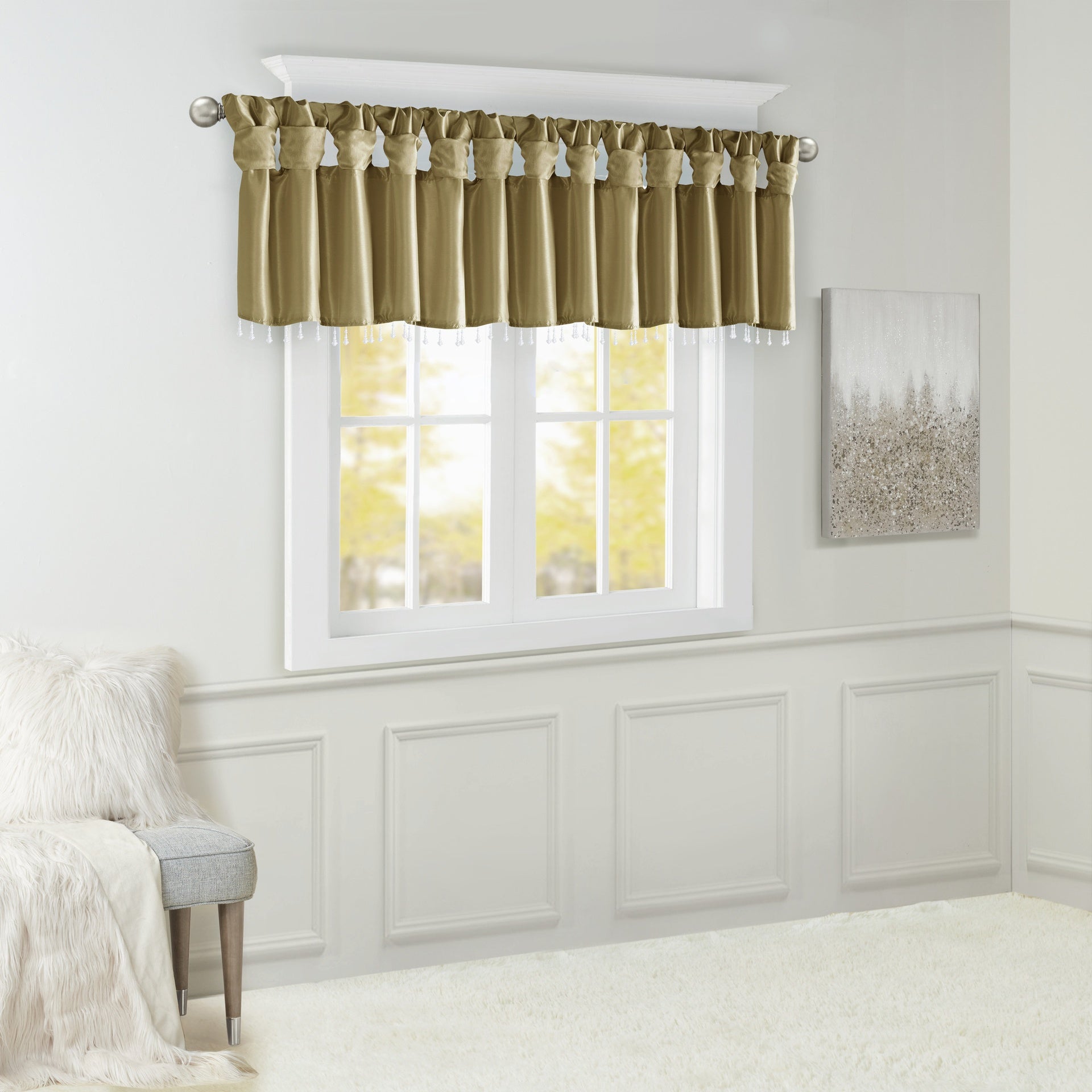 Lightweight Faux Silk Valance With Beads Bronze 50x26"