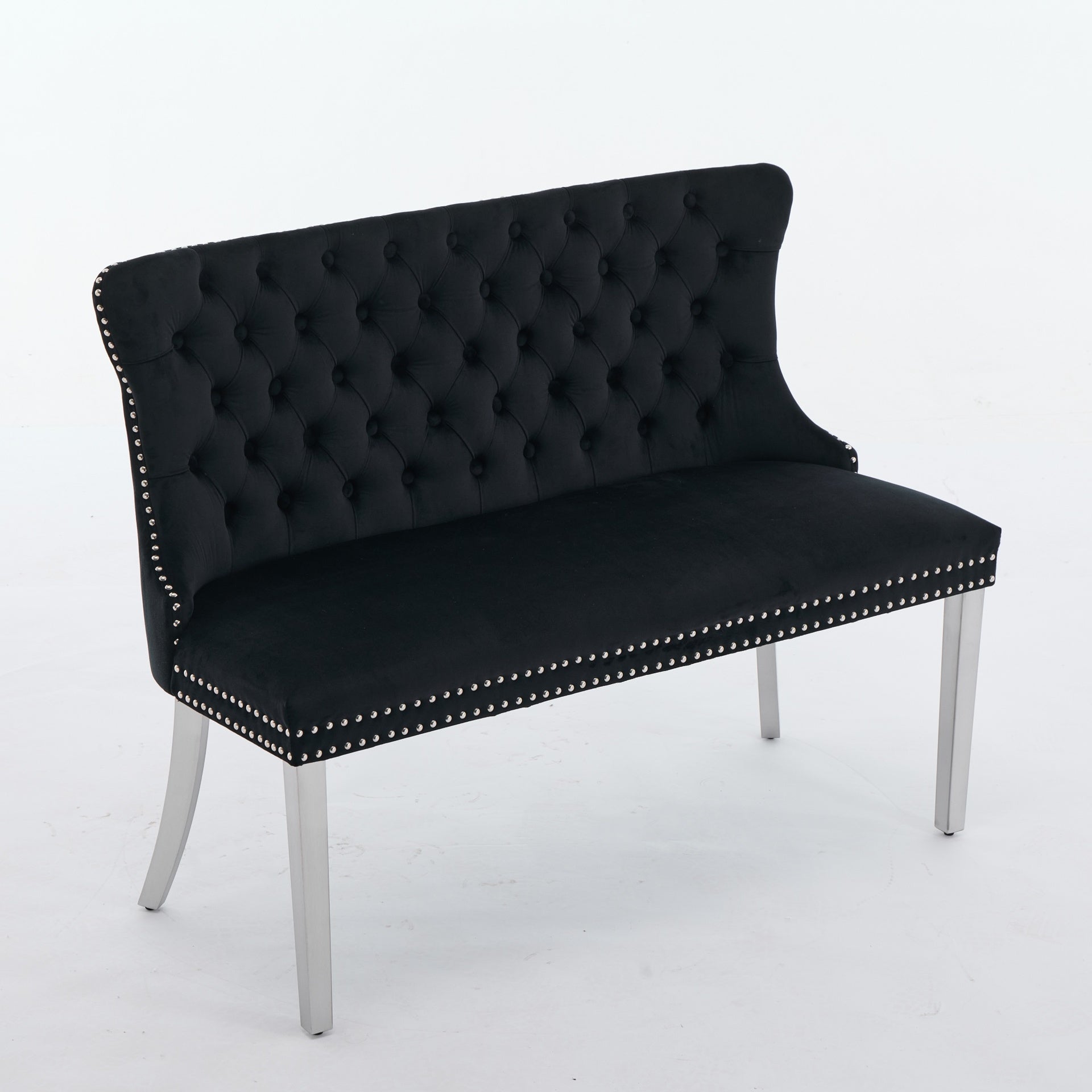 Velvet Double Dining Loveseat Bench, Kitchen & Dining Seating, 2-Seat Tufted Bench w/Handmade Buttons, Wing Back, Brushed Silver Stainless Steel Legs, Mid Century Modern,Single Pack,Black,SW1702BK