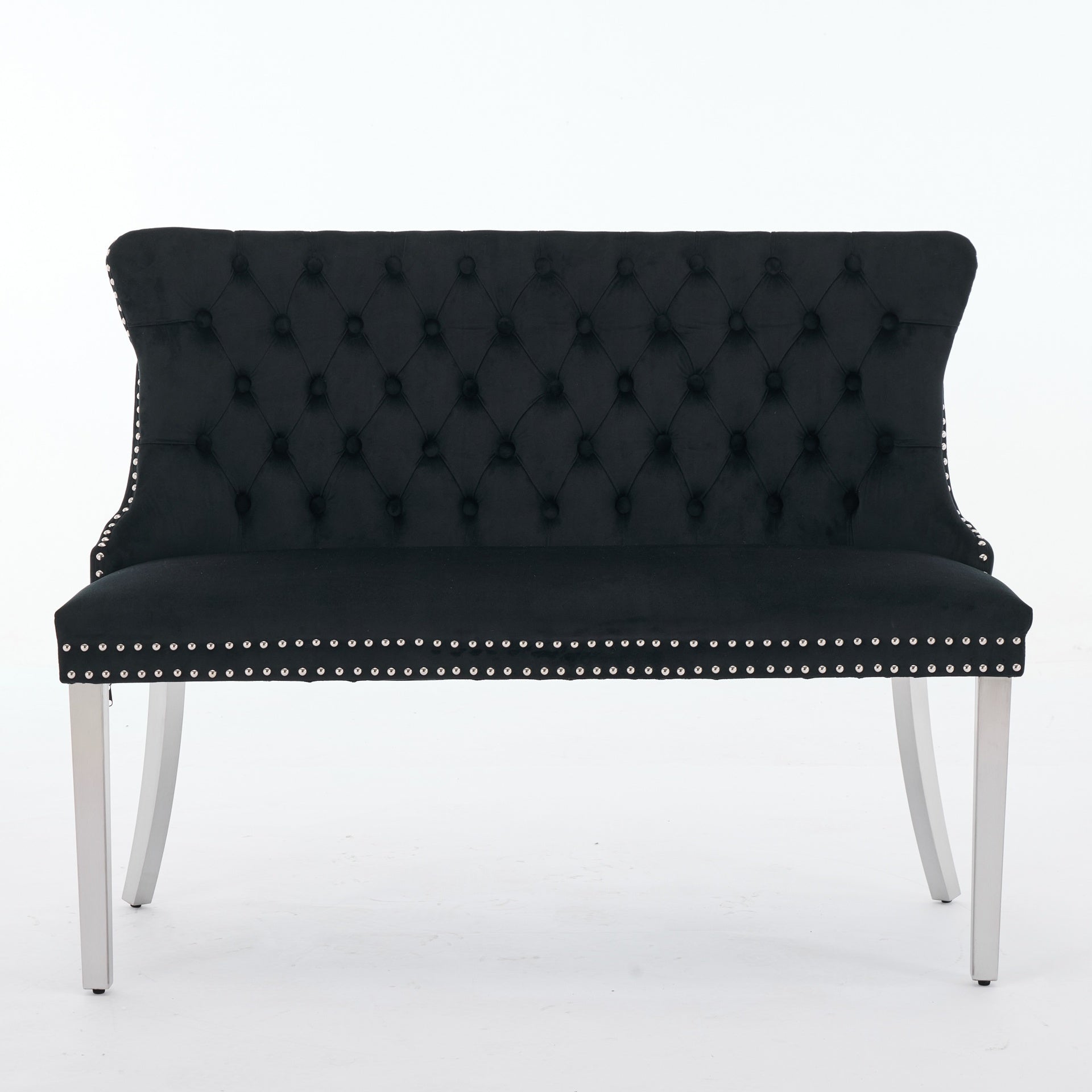 Velvet Double Dining Loveseat Bench, Kitchen & Dining Seating, 2-Seat Tufted Bench w/Handmade Buttons, Wing Back, Brushed Silver Stainless Steel Legs, Mid Century Modern,Single Pack,Black,SW1702BK