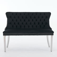 Velvet Double Dining Loveseat Bench, Kitchen & Dining Seating, 2-Seat Tufted Bench w/Handmade Buttons, Wing Back, Brushed Silver Stainless Steel Legs, Mid Century Modern,Single Pack,Black,SW1702BK