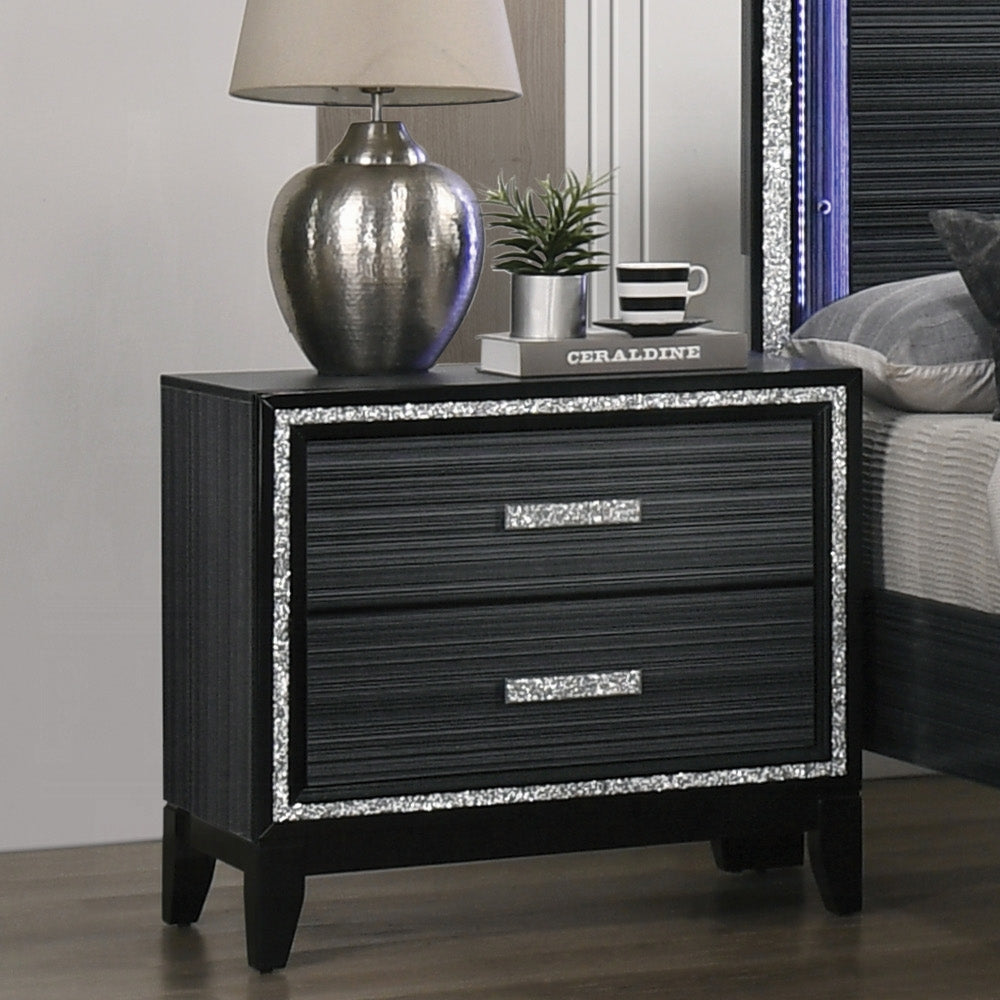 Contemporary Bedroom Furniture Black Finish Nightstand with Two Drawers Wooden 1pc Shimmering Silver Trim Accent