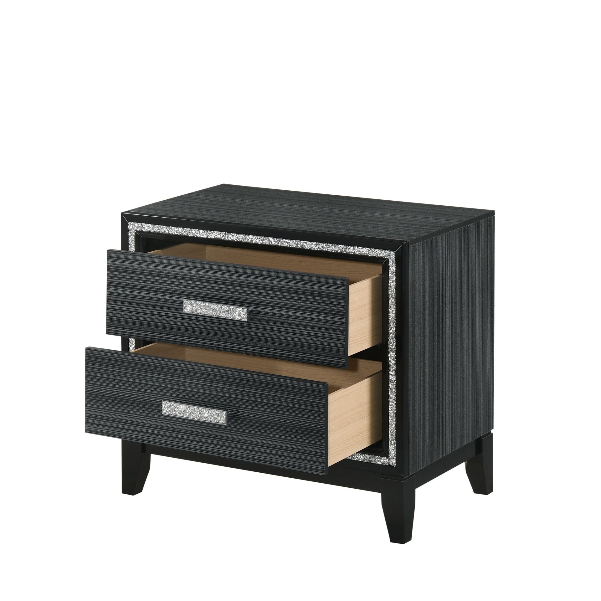 Contemporary Bedroom Furniture Black Finish Nightstand with Two Drawers Wooden 1pc Shimmering Silver Trim Accent