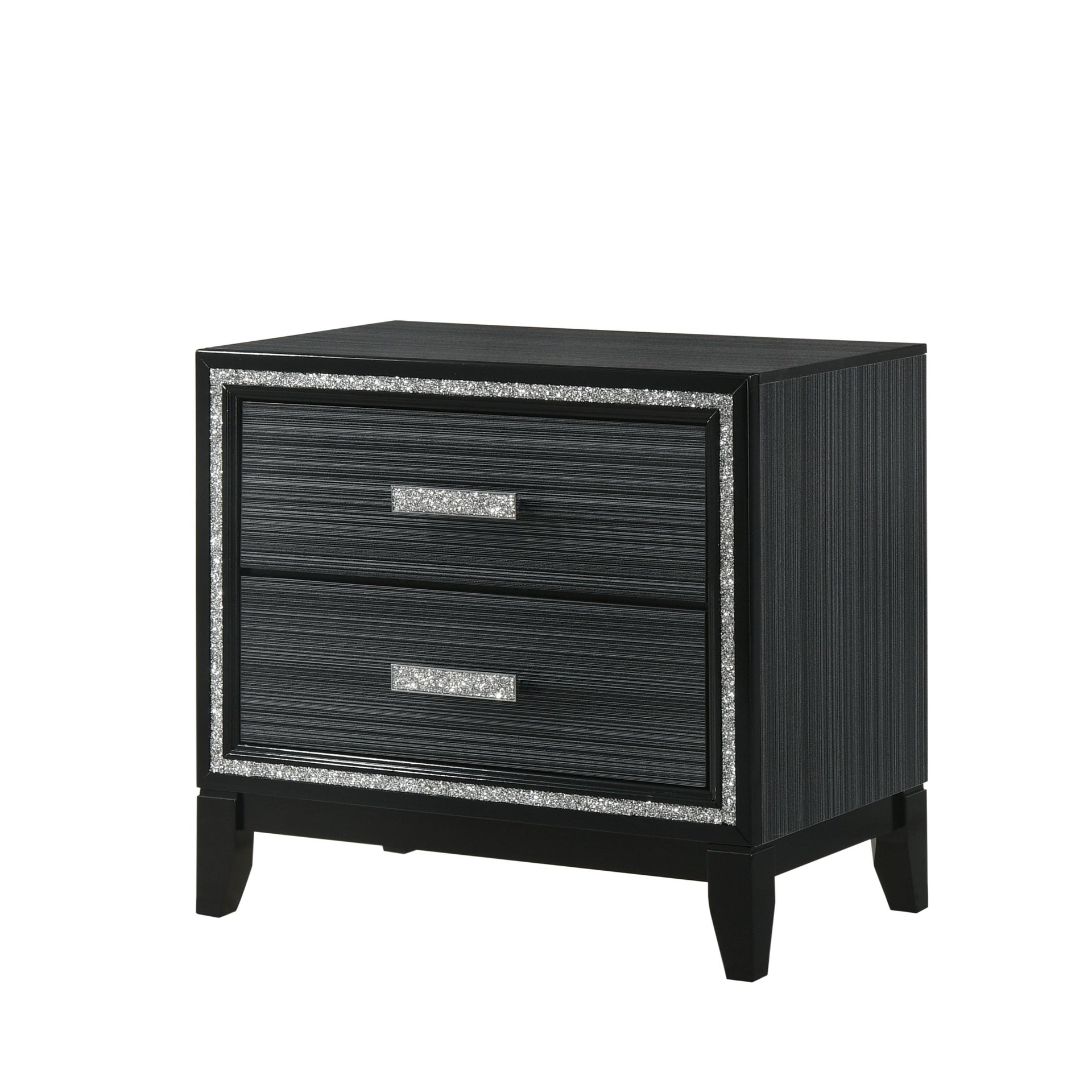 Contemporary Bedroom Furniture Black Finish Nightstand with Two Drawers Wooden 1pc Shimmering Silver Trim Accent
