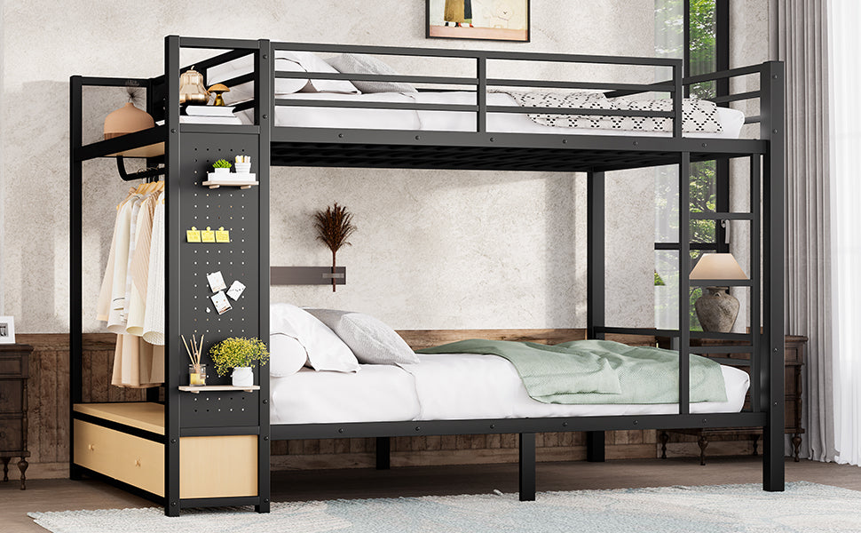 Queen over Queen size Metal Bunk Bed for Teens  with Storage Shelves ,Drawers and Pegboard,Black