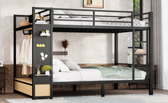 Queen over Queen size Metal Bunk Bed for Teens  with Storage Shelves ,Drawers and Pegboard,Black