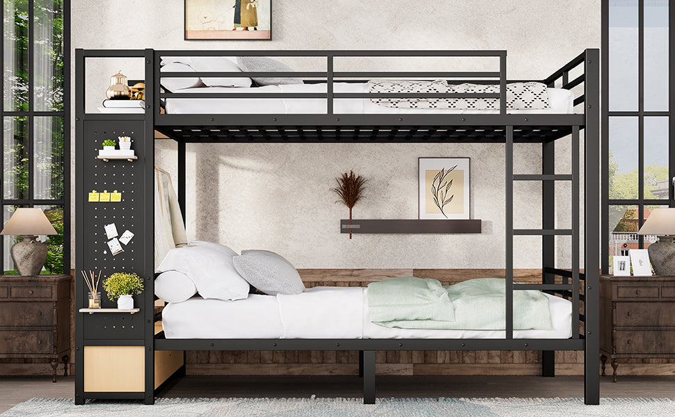 Queen over Queen size Metal Bunk Bed for Teens  with Storage Shelves ,Drawers and Pegboard,Black