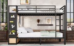Queen over Queen size Metal Bunk Bed for Teens  with Storage Shelves ,Drawers and Pegboard,Black