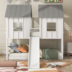 Twin over Twin House Bunk Bed with Slide and Windows,White
