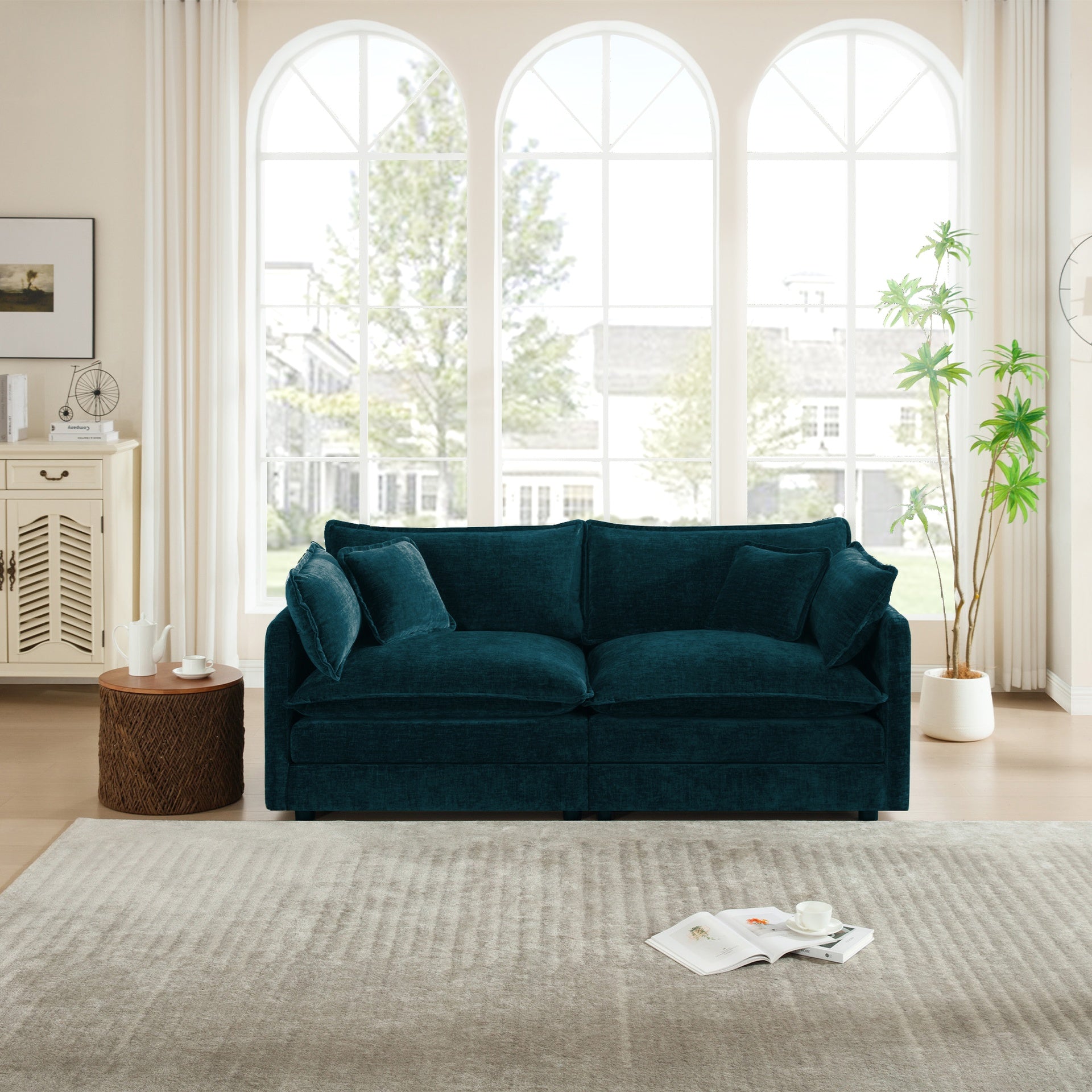 Modern Fabric Loveseat Sofa Couch for Living Room, Upholstered Large Size Deep Seat 2-Seat Sofa with 4 Pillows ,Blue Chenille