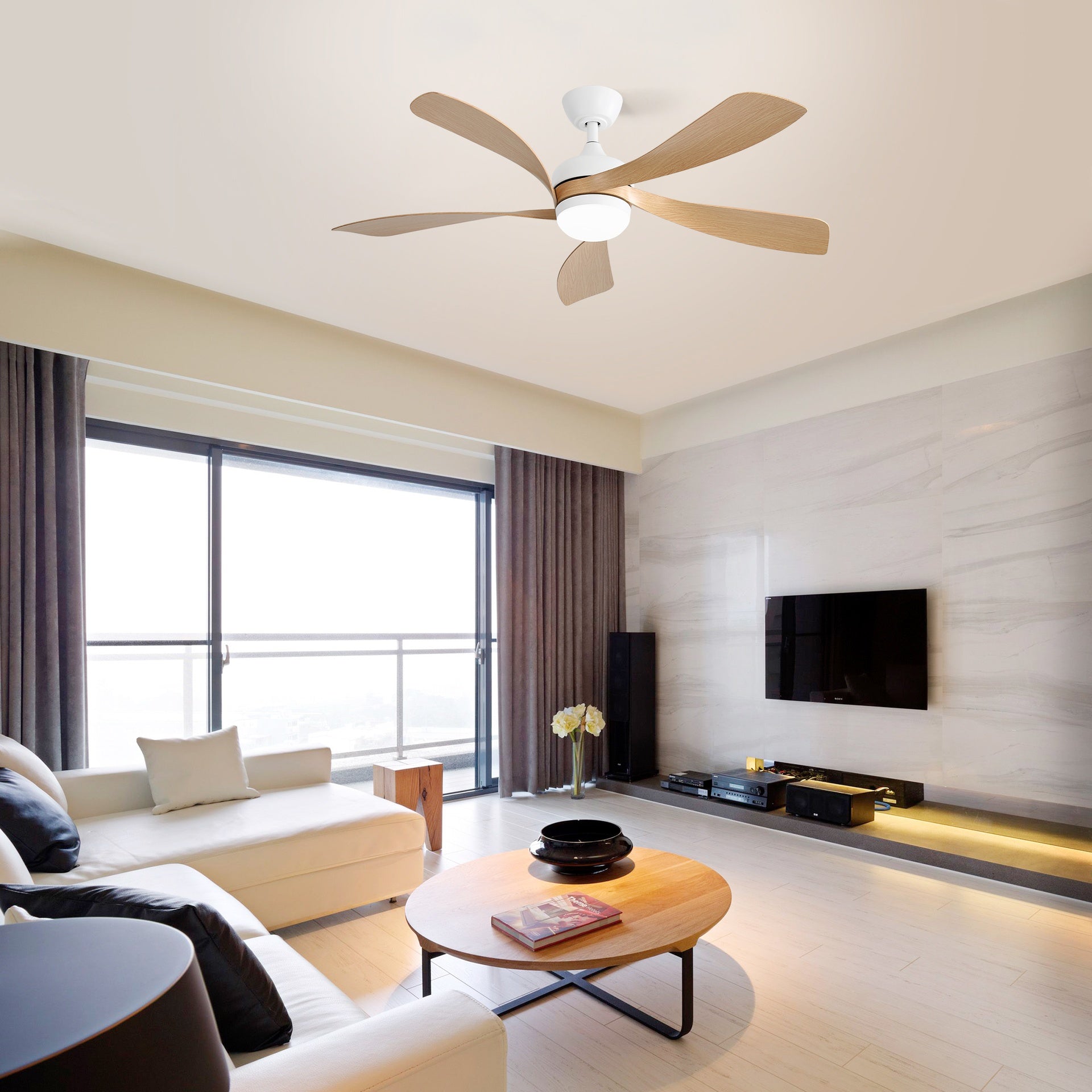 52 Inch Modern Led Ceiling Fan With 3 Color Dimmable 5 ABS Blades Remote Control Reversible DC Motor White For Bedroom
