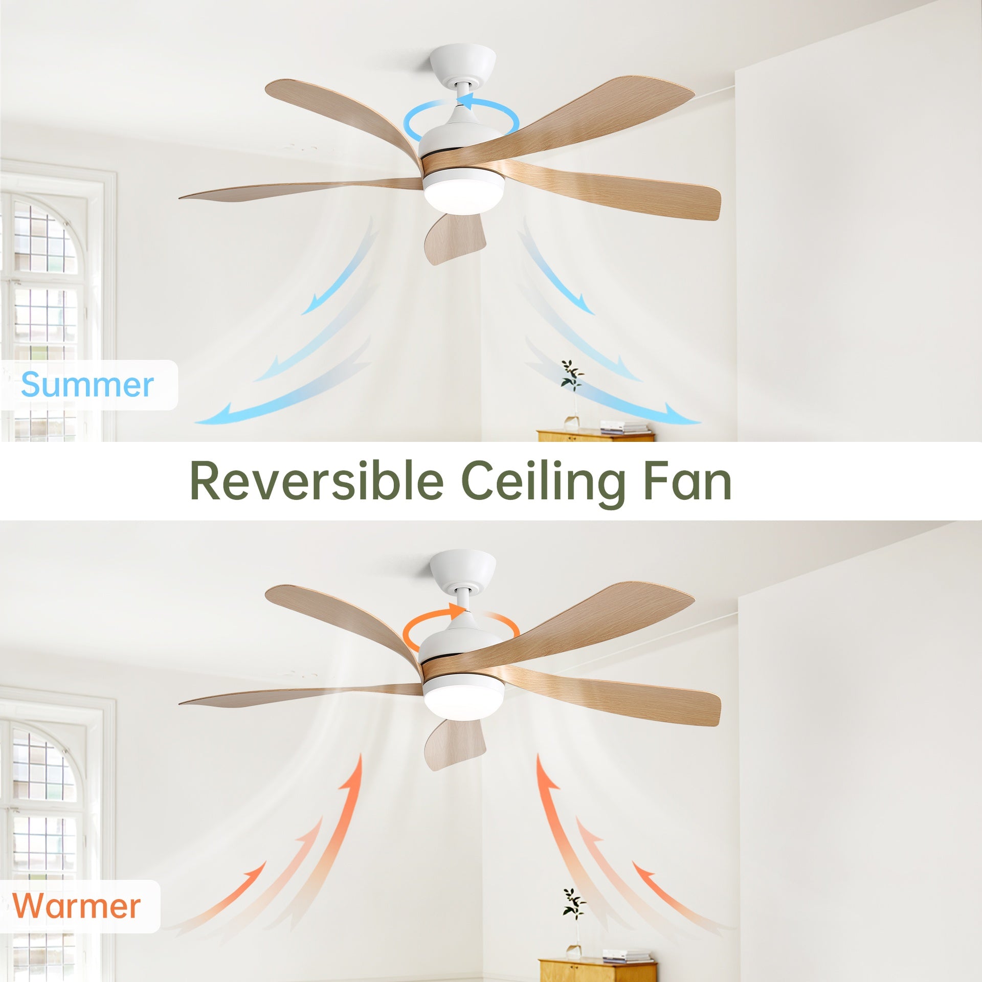 52 Inch Modern Led Ceiling Fan With 3 Color Dimmable 5 ABS Blades Remote Control Reversible DC Motor White For Bedroom