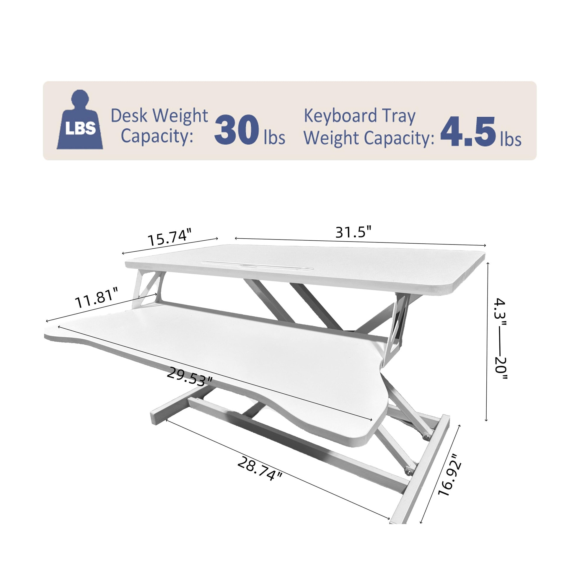 32 Inch Desk Converter, Height Adjustable Sit to Stand Riser, Dual Monitor and Laptop Workstation with Wide Keyboard Tray, Standing Computer Desk, WHITE