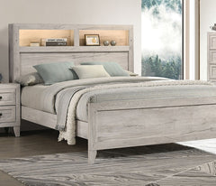 Simple Bedroom 1pc Queen Size Bed w Headboard Shelves and Light White Wash Contemporary Furniture