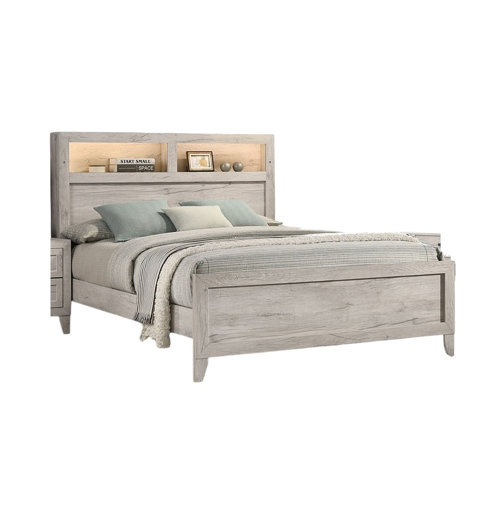 Simple Bedroom 1pc Queen Size Bed w Headboard Shelves and Light White Wash Contemporary Furniture