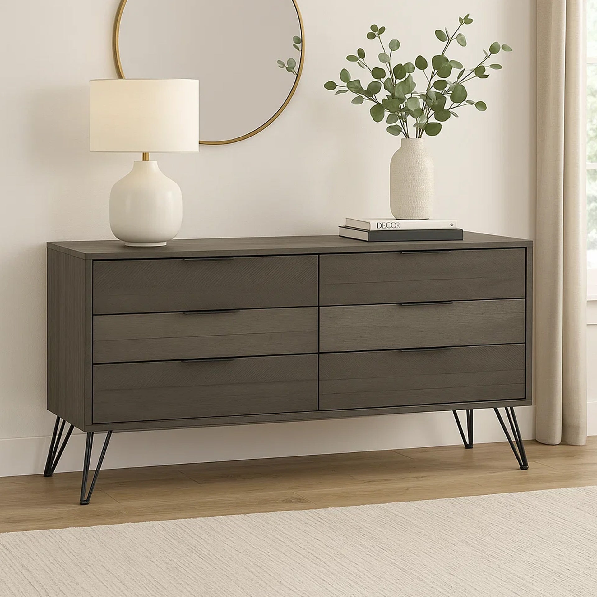 Contemporary Style Solid Wood Dresser with Metal Hairpin Legs, Grey