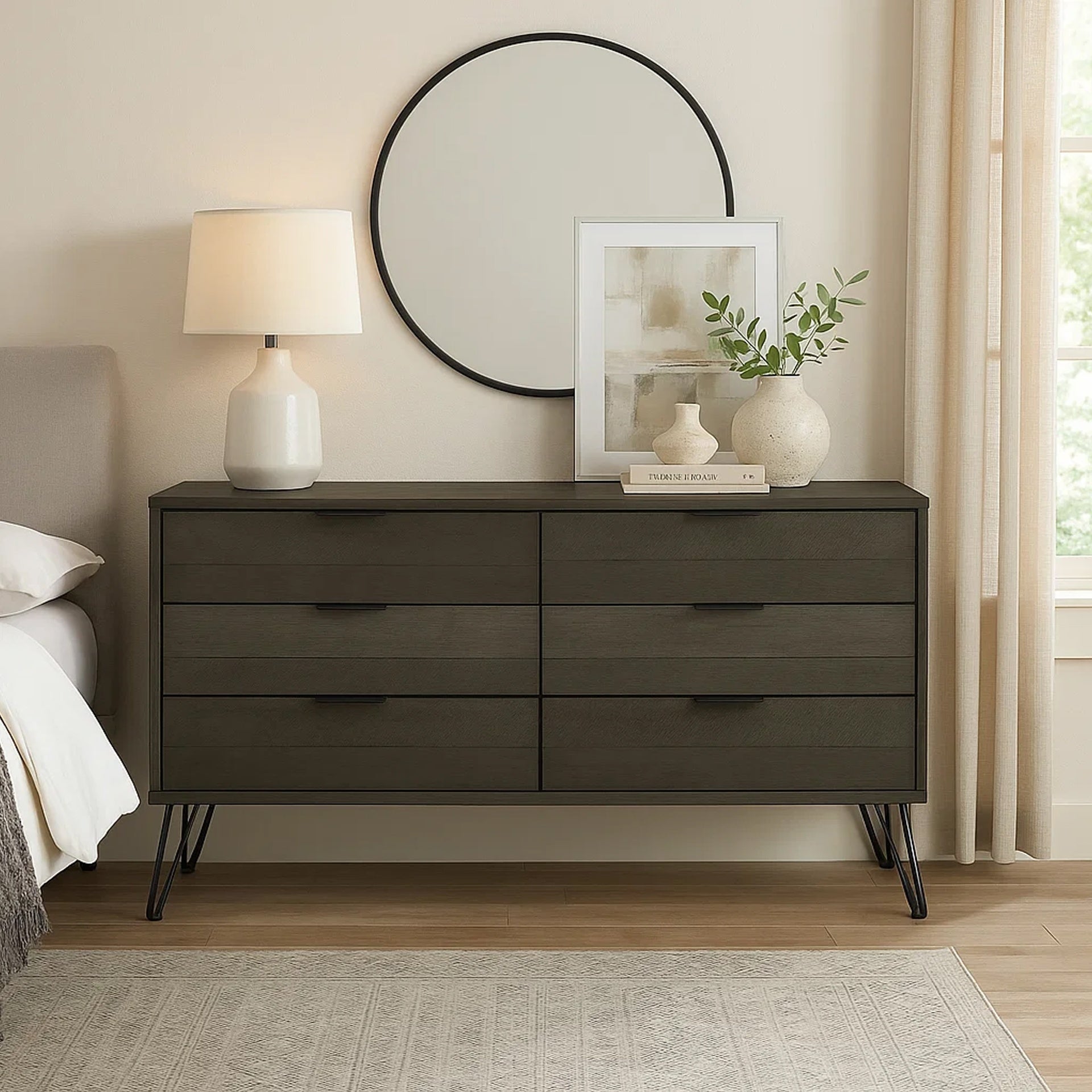 Contemporary Style Solid Wood Dresser with Metal Hairpin Legs, Grey