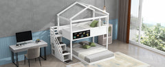 Twin over Full House Bunk Bed with Storage Staircase and Blackboard,White