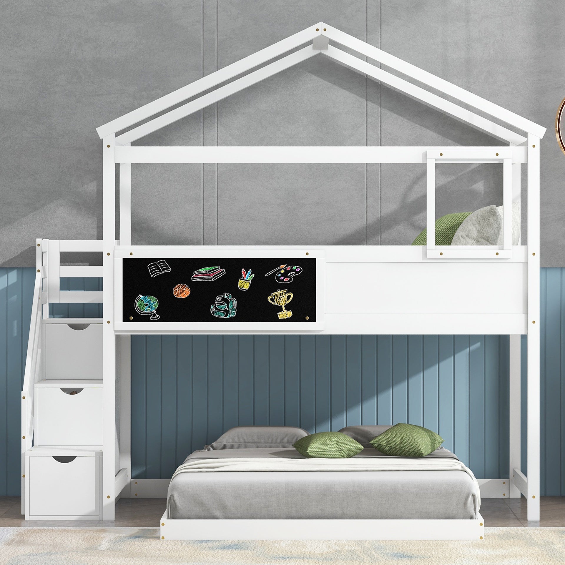 Twin over Full House Bunk Bed with Storage Staircase and Blackboard,White