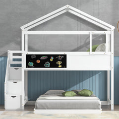 Twin over Full House Bunk Bed with Storage Staircase and Blackboard,White