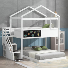 Twin over Full House Bunk Bed with Storage Staircase and Blackboard,White
