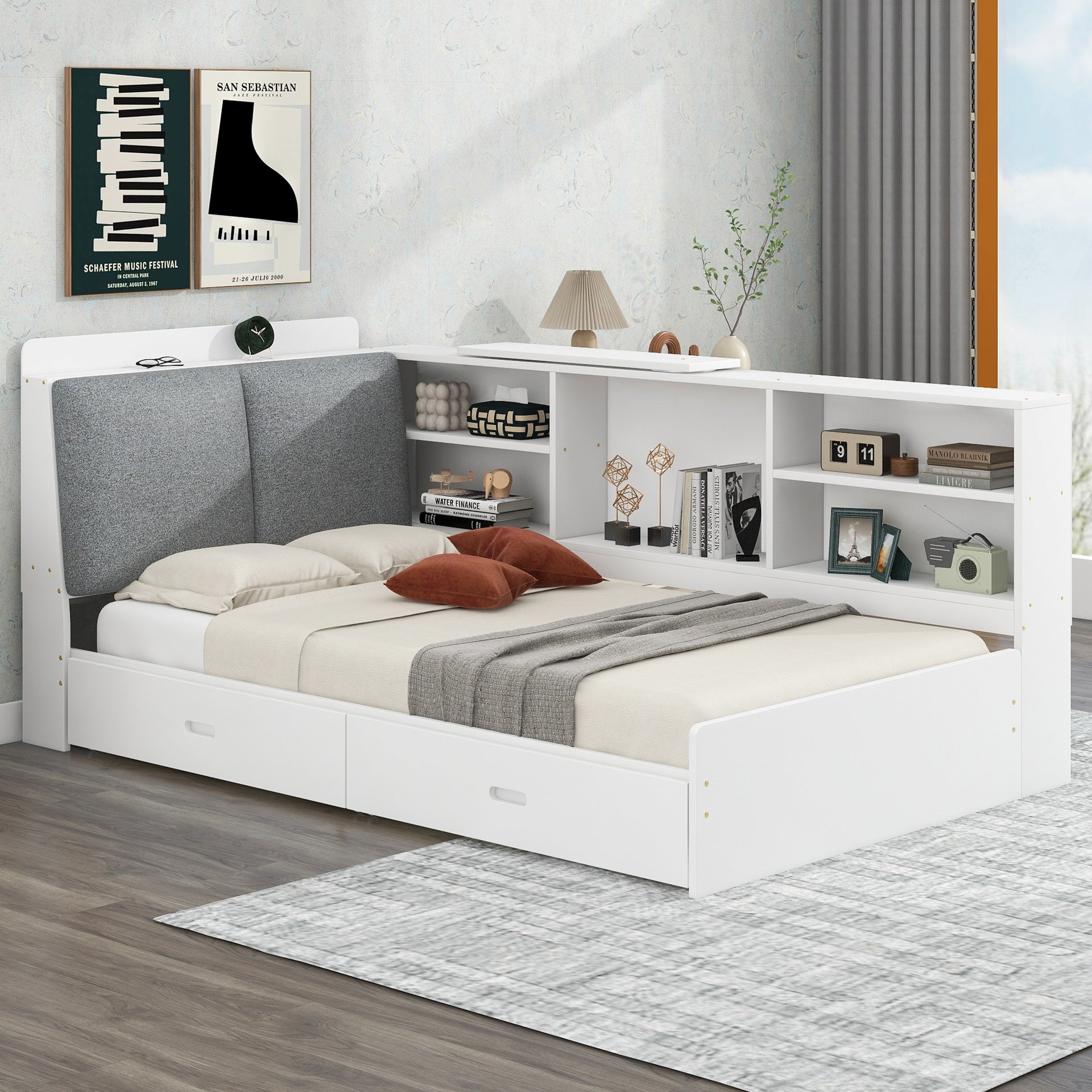 Wood Twin Size platform bed with Storage Headboard, Shelves and 2 Drawers, White