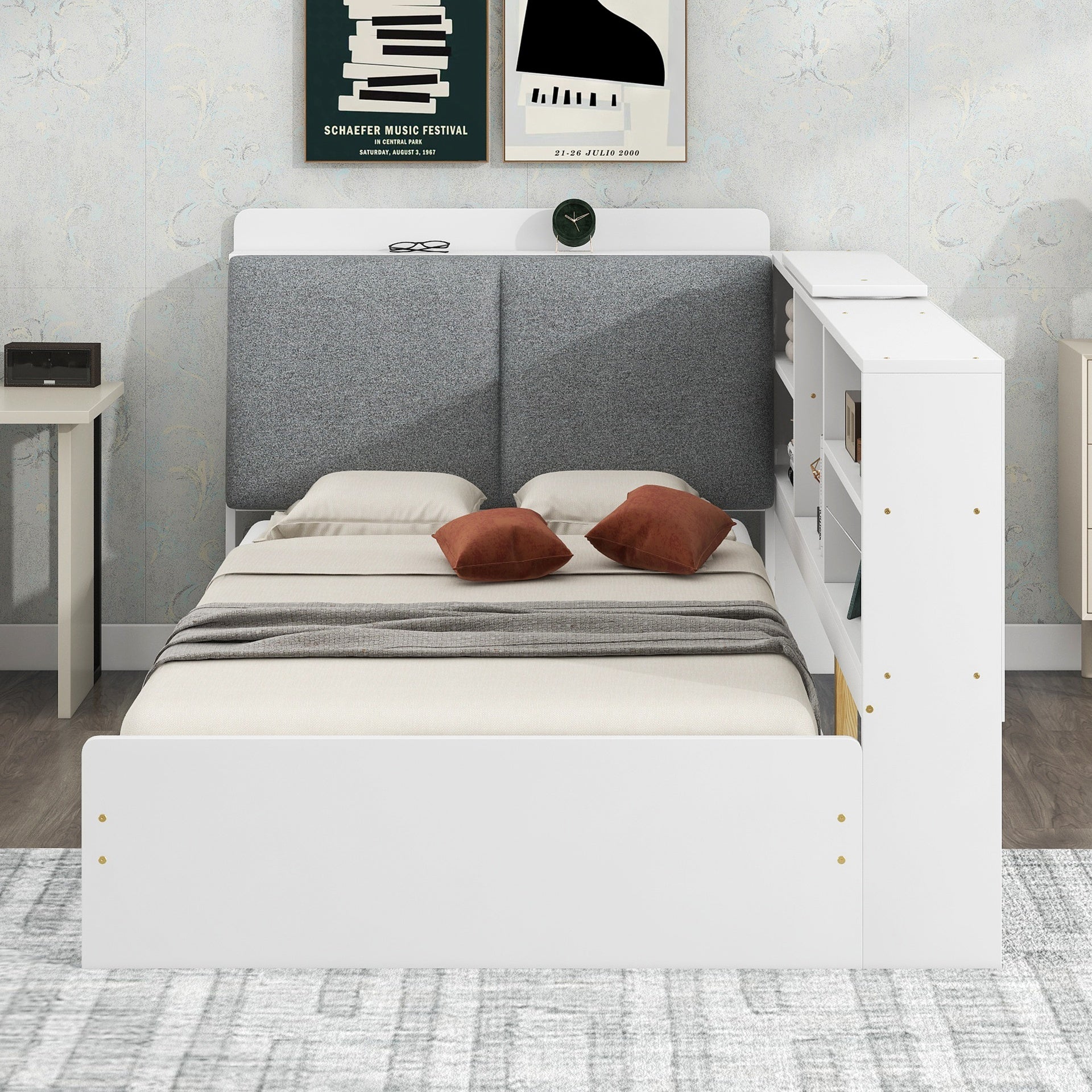 Wood Twin Size platform bed with Storage Headboard, Shelves and 2 Drawers, White