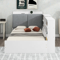 Wood Twin Size platform bed with Storage Headboard, Shelves and 2 Drawers, White