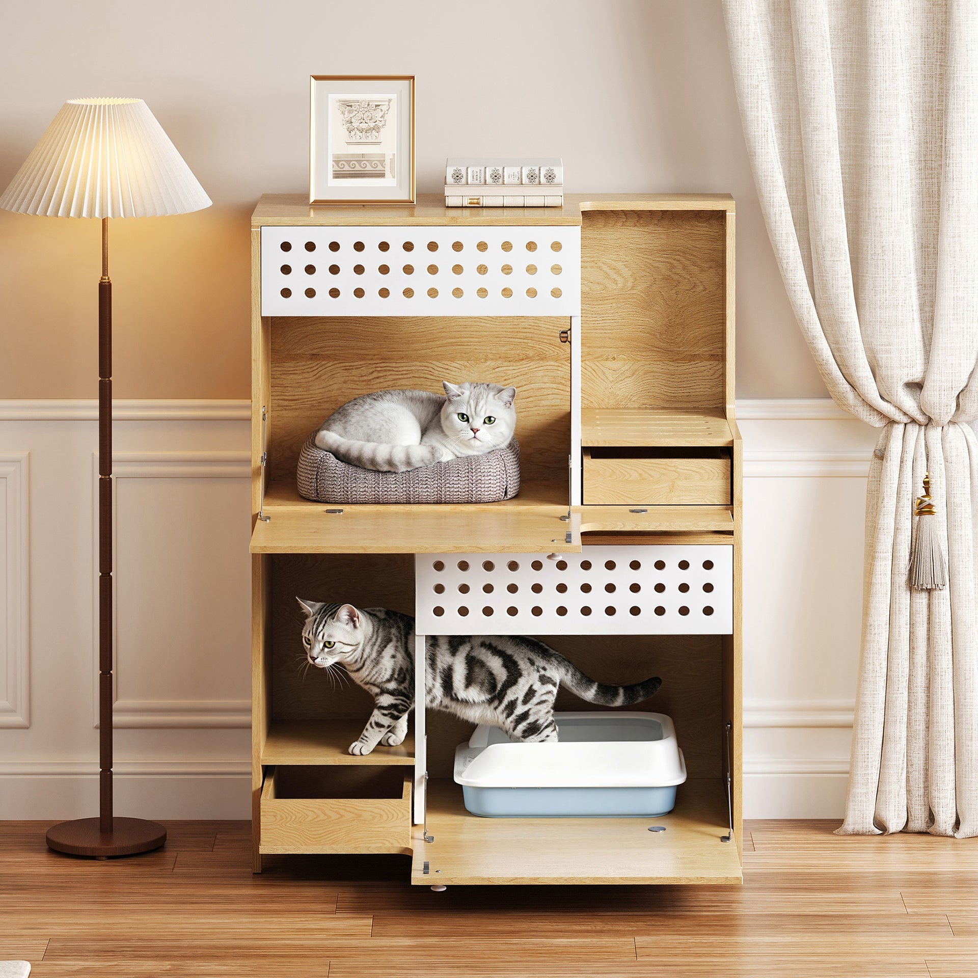 Modern 2 IN 1 Cat Furniture, Cat Litter Box Enclosure Side Table, Cat House with Storage, for 2 Small-Medium Sized Cats - NATURAL