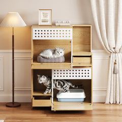 Modern 2 IN 1 Cat Furniture, Cat Litter Box Enclosure Side Table, Cat House with Storage, for 2 Small-Medium Sized Cats - NATURAL