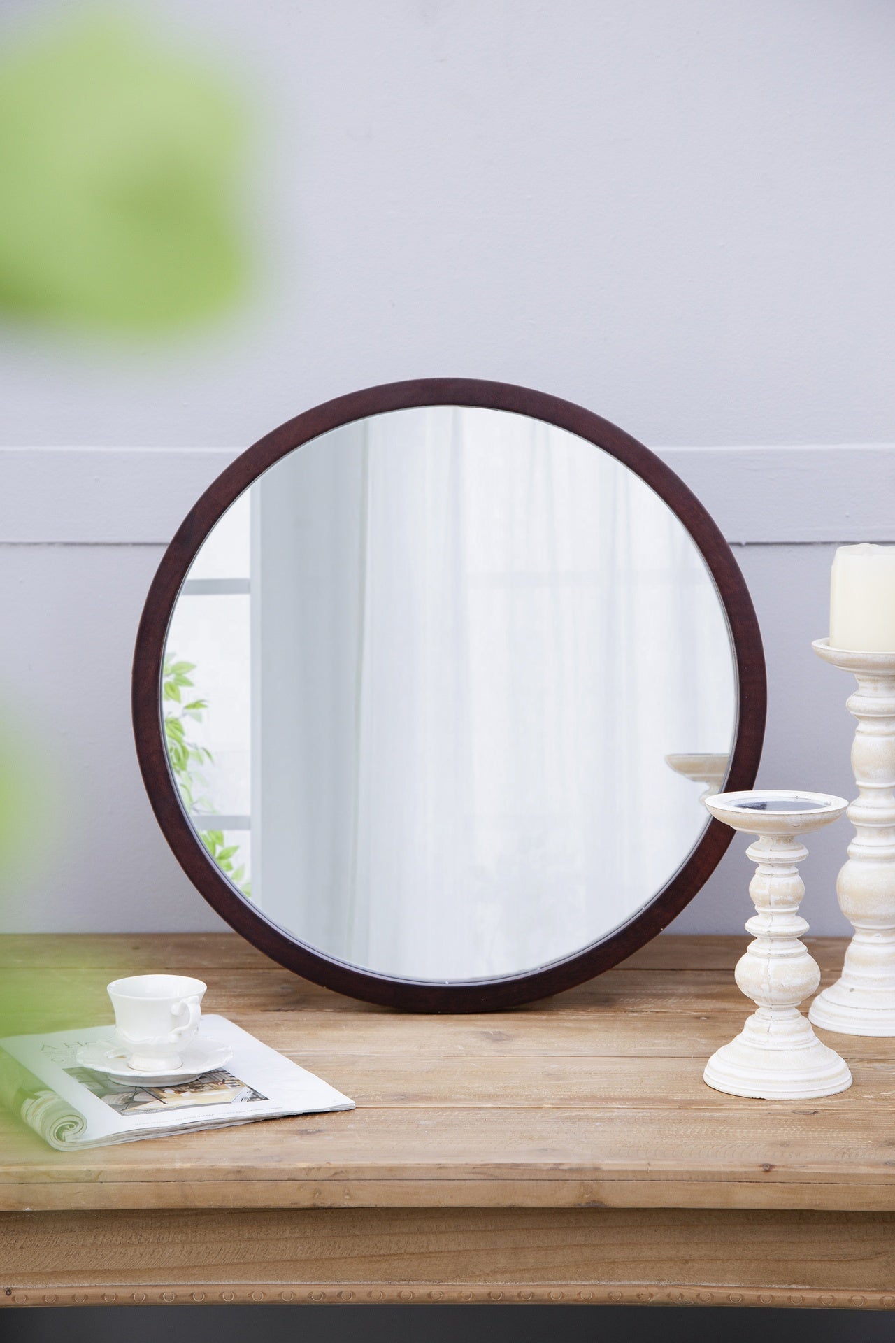 20" x 20" Circle Wall Mirror with Wooden Frame and Walnut Finish,Wall Mirror for Living Room Dining Room
