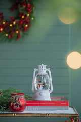 4.7x4.7x8.3"H Christmas Plastic/Resin White Lantern With Snowman & Tree Led/Water Spinning/6 Hours Timer, 3*AA Batteries Required