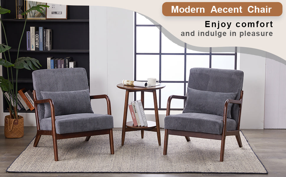 Mid-Century Modern Accent Chair, Arm Chair Living Room Chairs with Pillow Upholstered Reading Chair with Solid Wood Frame &  Living Room Bedroom Balcony (Antique Dark Grey)