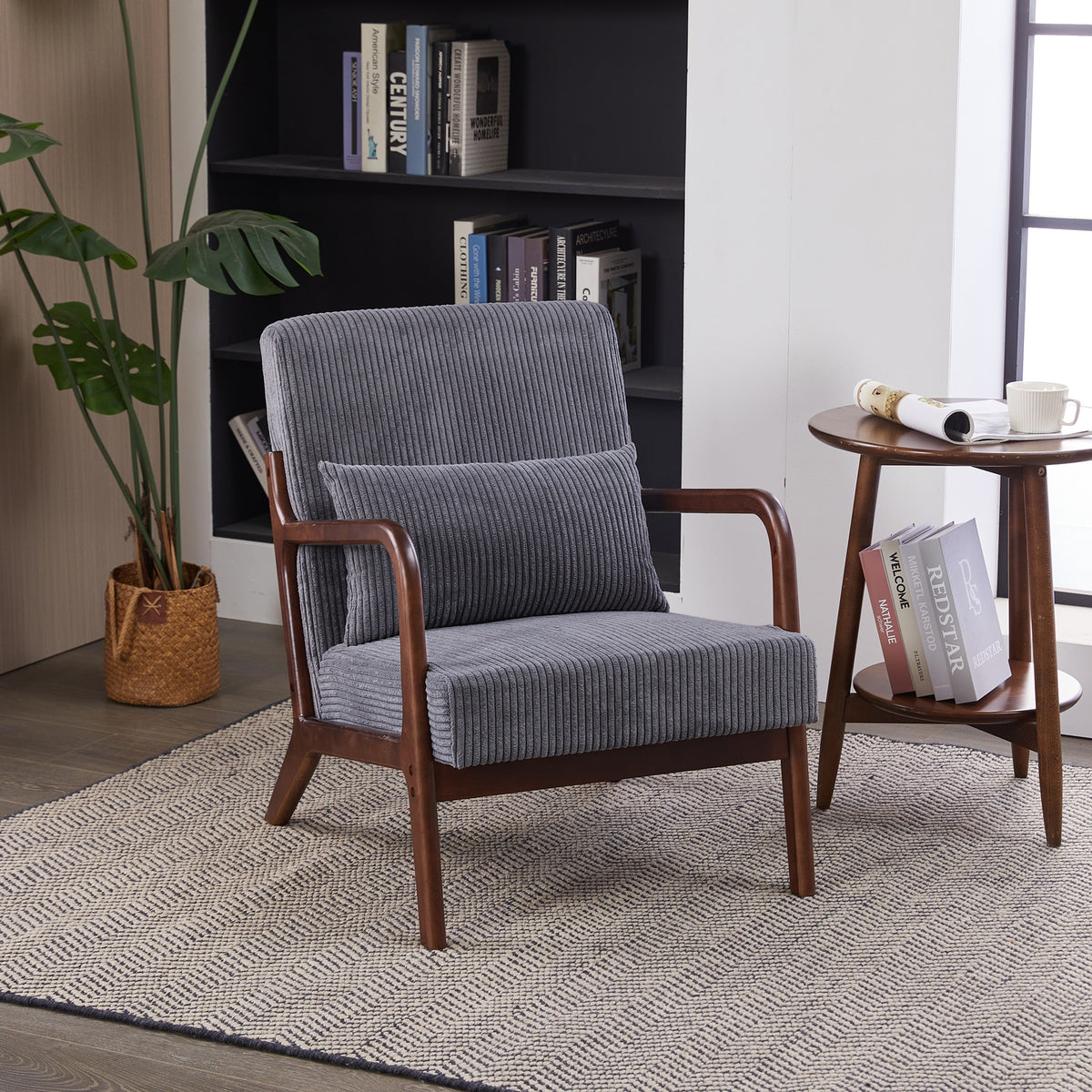 Mid-Century Modern Accent Chair, Arm Chair Living Room Chairs with Pillow Upholstered Reading Chair with Solid Wood Frame &  Living Room Bedroom Balcony (Antique Dark Grey)