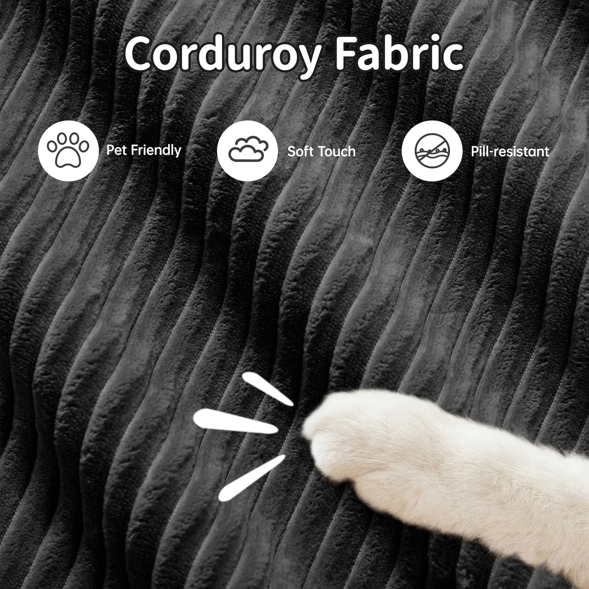 Three-seat modular sofa with 3 Ottomans corduroy fabric no assembly pet-friendly ultra-wide curved armrests 32D high-resilience sponge living rooms media rooms,Black