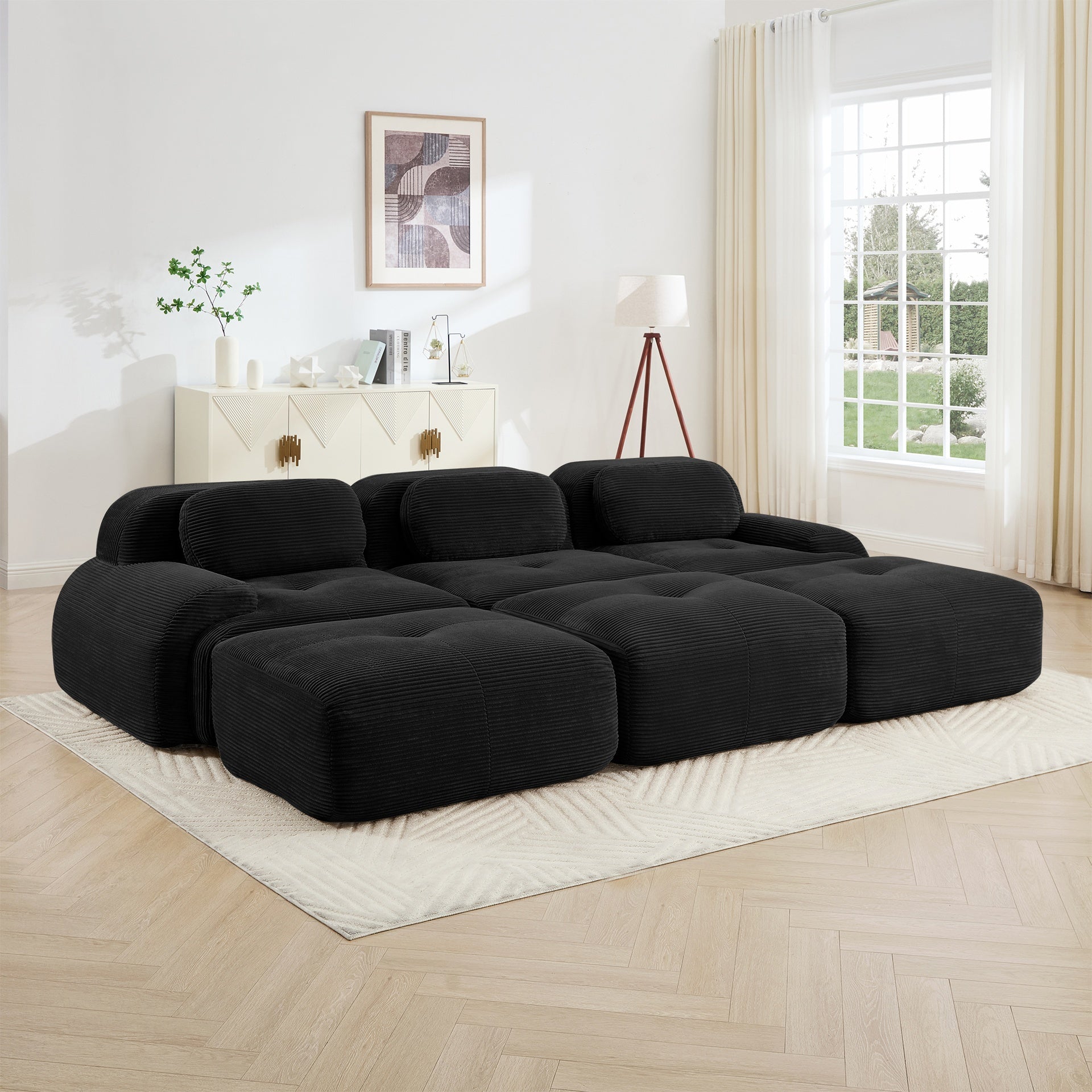 Three-seat modular sofa with 3 Ottomans corduroy fabric no assembly pet-friendly ultra-wide curved armrests 32D high-resilience sponge living rooms media rooms,Black